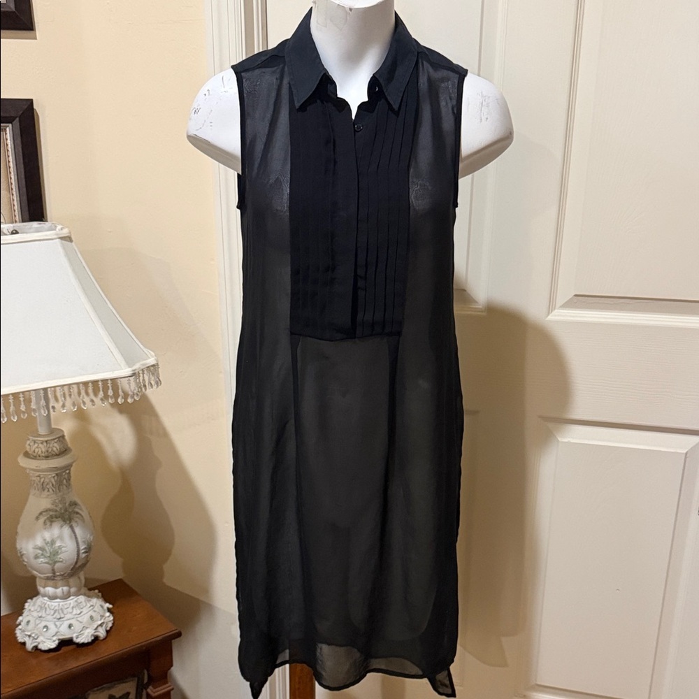 White House Black Market Black Collared Sheer Long Top Side slits. XS